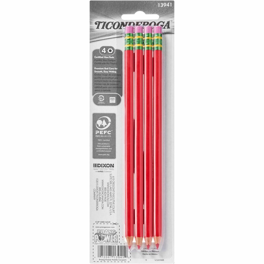Ticonderoga Erasable Pre-Sharpened Checking Pencils - Red Lead - Red Barrel - 4 / Box