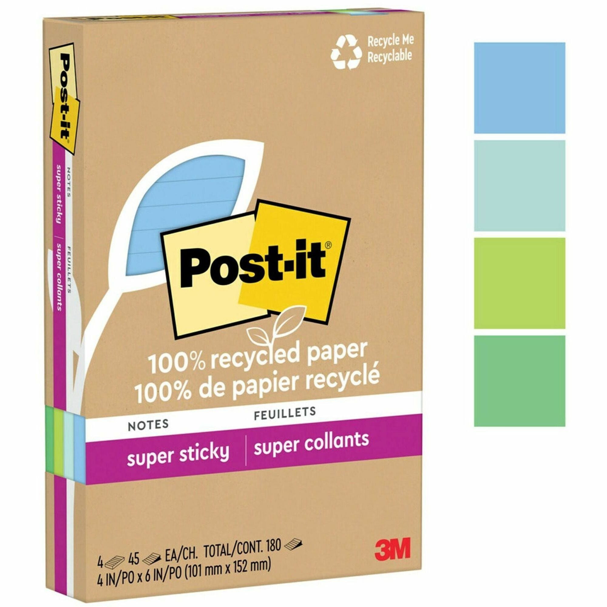 Post-it® Super Sticky Adhesive Note - 180 - 4" Flag/Note Width x 6" Flag/Note Length - 45 Sheets per Pad - Assorted Oasis - Removable, Repositionable, Recyclable - Recycled - 4 / Pack