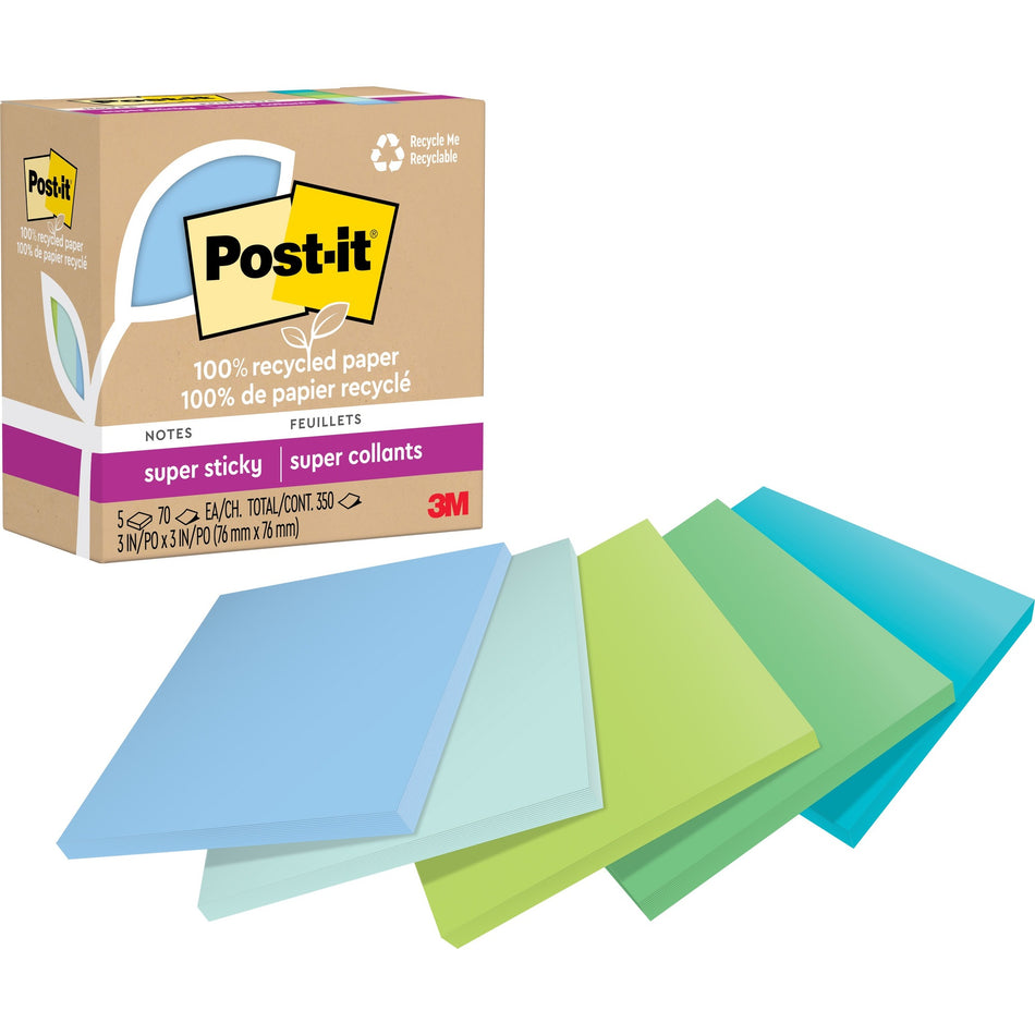 Post-it® Super Sticky Adhesive Note - 350 - 3" Flag/Note Width x 3" Flag/Note Length - Square - 70 Sheets per Pad - Assorted Oasis - Removable, Repositionable, Recyclable - Recycled - 5 / Pack