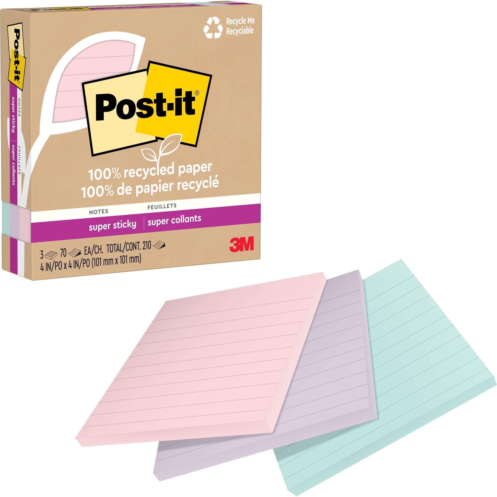 Post-it® Super Sticky Adhesive Note - 210 - 4" Flag/Note Width x 4" Flag/Note Length - Square - 70 Sheets per Pad - Assorted Wanderlust Pastel - Removable, Repositionable, Recyclable - Recycled - 3 / Pack