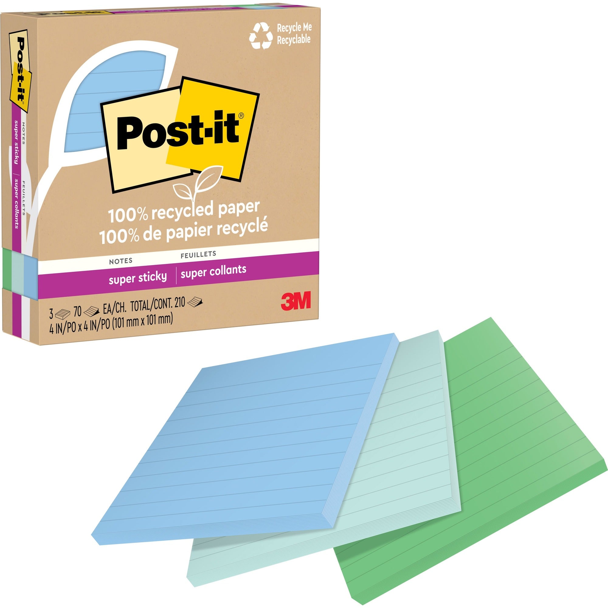 Post-it® Super Sticky Adhesive Note - 210 - 4" Flag/Note Width x 4" Flag/Note Length - Square - 70 Sheets per Pad - Ruled - Assorted Oasis - Removable, Repositionable, Recyclable - Recycled - 3 / Pack