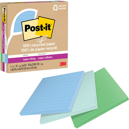 Post-it® Super Sticky Adhesive Note - 210 - 4" Flag/Note Width x 4" Flag/Note Length - Square - 70 Sheets per Pad - Ruled - Assorted Oasis - Removable, Repositionable, Recyclable - Recycled - 3 / Pack