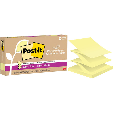 Post-it® Super Sticky Adhesive Note - 420 x Canary Yellow - 3" Flag/Note Width x 3" Flag/Note Length - Square - 70 Sheets per Pad - Canary Yellow - Removable, Repositionable, Recyclable, Pop-up - Recycled - 6 / Pack