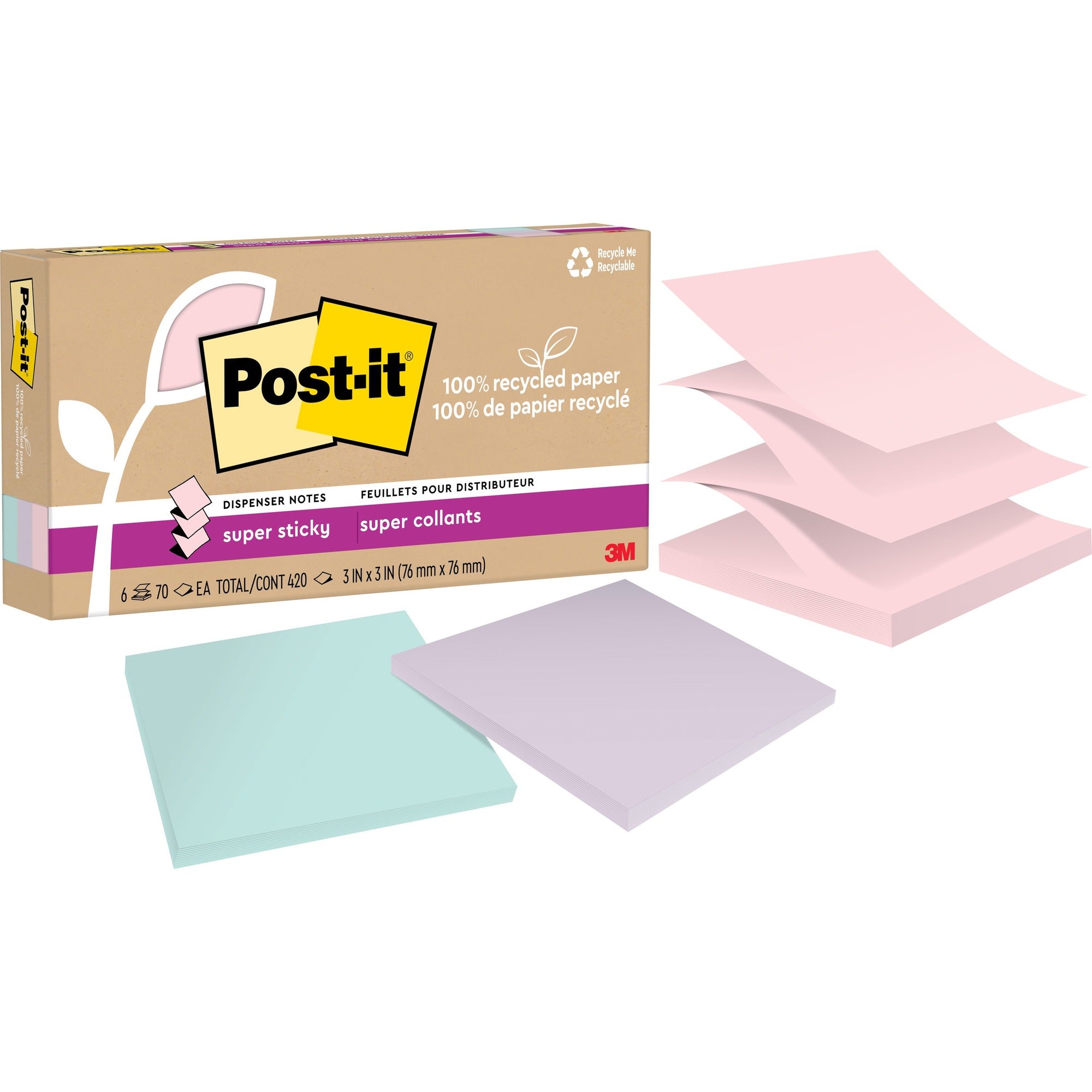Post-it® Super Sticky Adhesive Note - 420 - 3" Flag/Note Width x 3" Flag/Note Length - 70 Sheets per Pad - Assorted Wanderlust Pastel - Removable, Repositionable, Recyclable, Pop-up - Recycled - 6 / Pack