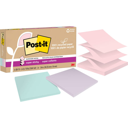 Post-it® Super Sticky Adhesive Note - 420 - 3" Flag/Note Width x 3" Flag/Note Length - 70 Sheets per Pad - Assorted Wanderlust Pastel - Removable, Repositionable, Recyclable, Pop-up - Recycled - 6 / Pack