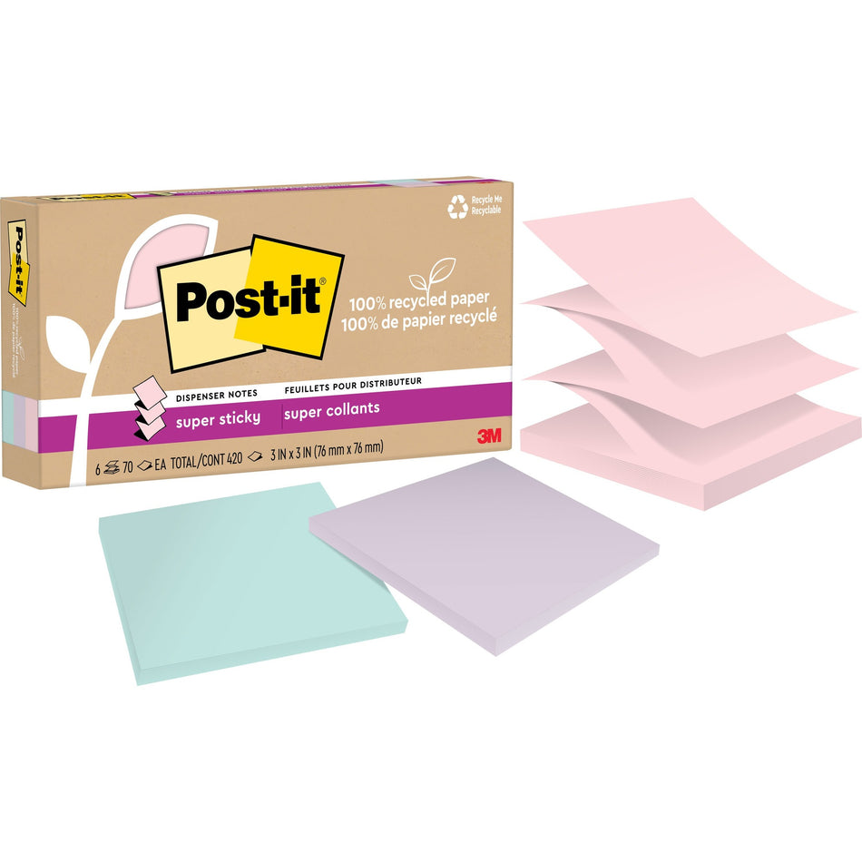 Post-it® Super Sticky Adhesive Note - 420 - 3" Flag/Note Width x 3" Flag/Note Length - 70 Sheets per Pad - Assorted Wanderlust Pastel - Removable, Repositionable, Recyclable, Pop-up - Recycled - 6 / Pack