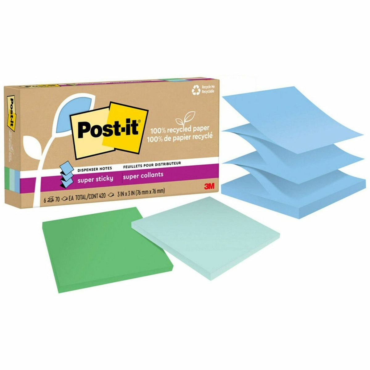 Post-it® Super Sticky Adhesive Note - 420 - 3" Flag/Note Width x 3" Flag/Note Length - Square - 70 Sheets per Pad - Assorted Oasis - Removable, Repositionable, Recyclable, Pop-up - Recycled - 6 / Pack