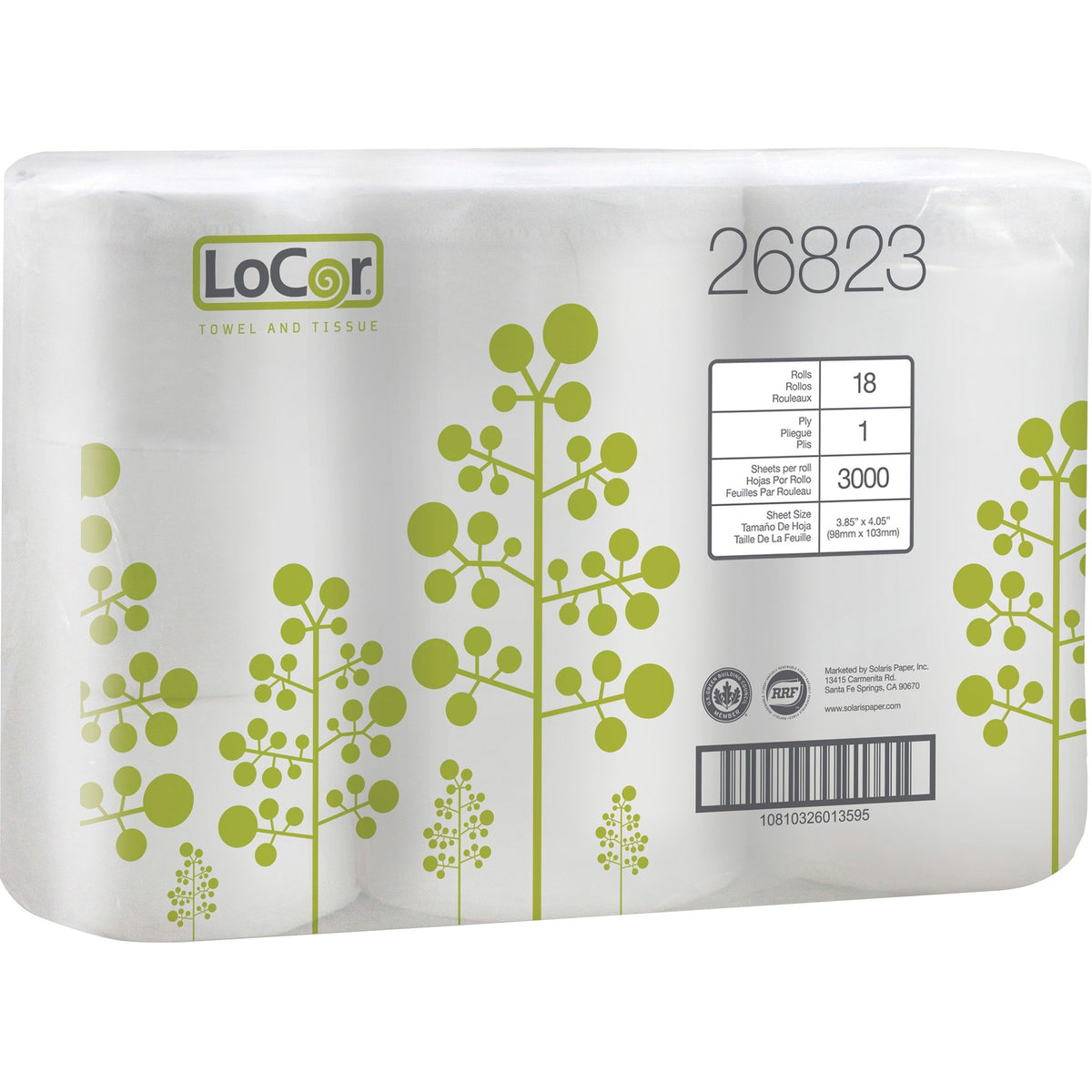 LoCor High-Capacity Bath Tissue - 1 Ply - 3.85" Width x 4.05" Length - 3000 Sheets/Roll - White - 18 Rolls Per Pack - 6 Pack - 3 / Carton