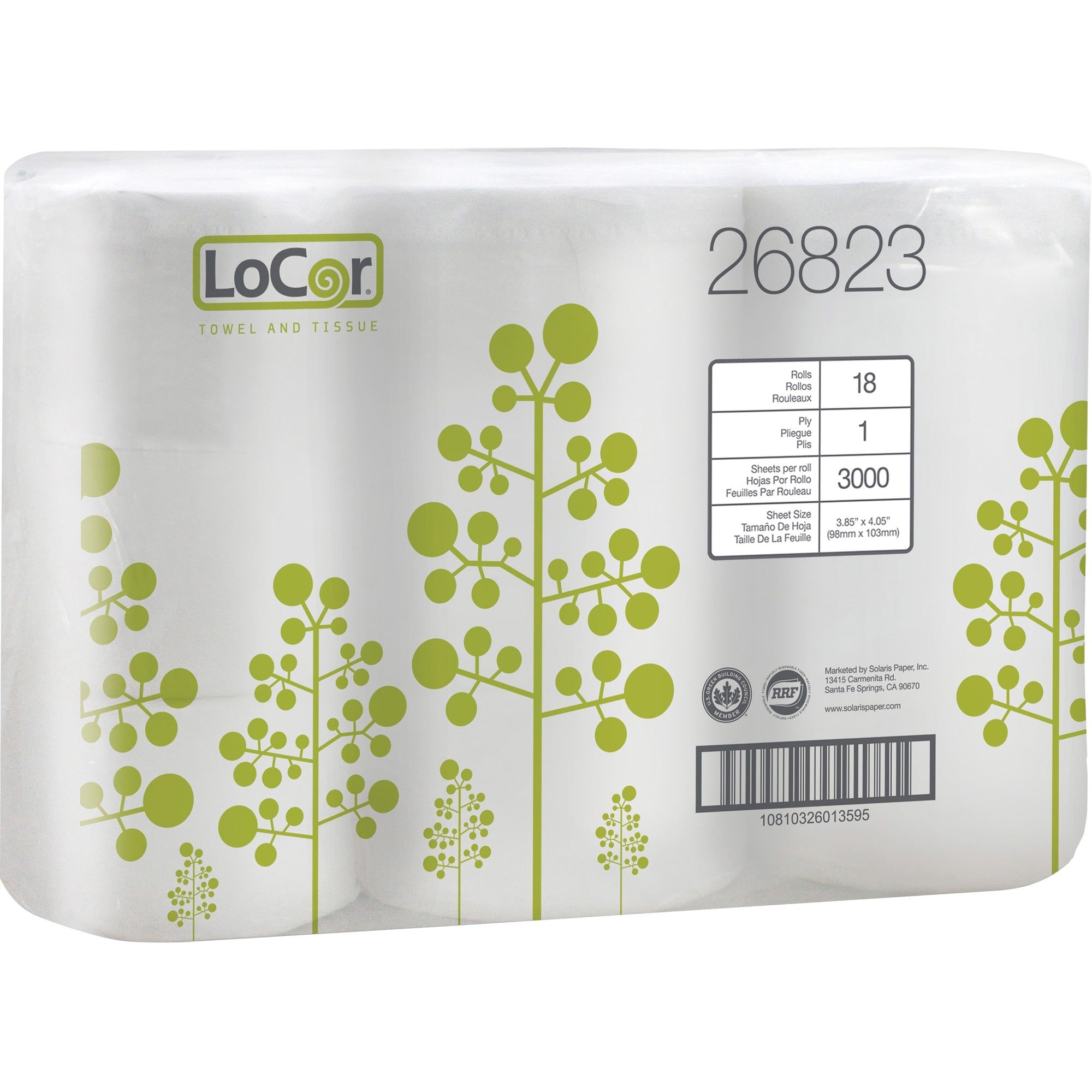 LoCor High-Capacity Bath Tissue - 1 Ply - 3.85" Width x 4.05" Length - 3000 Sheets/Roll - White - 18 Rolls Per Pack - 6 Pack - 3 / Carton