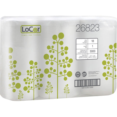 LoCor High-Capacity Bath Tissue - 1 Ply - 3.85" Width x 4.05" Length - 3000 Sheets/Roll - White - 18 Rolls Per Pack - 6 Pack - 3 / Carton