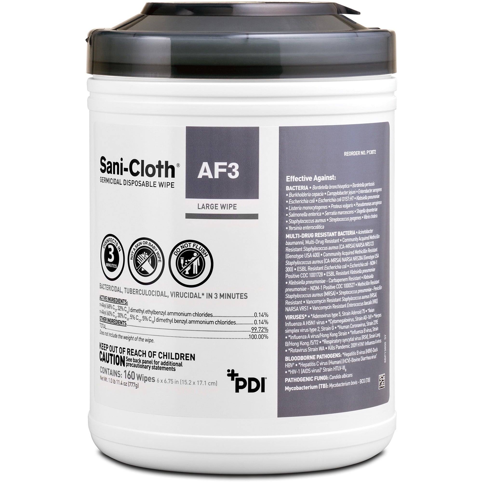 PDI Sani-Cloth AF3 Germicidal Wipes - 6.75" Length x 6" Width - Alcohol-free, Bleach-free, Virucidal, Fungicide, Fragrance-free, Disposable, Phenol-free, Ammonia-free, Disinfectant, Pre-moistened, Strong, ... - White - 160/Tub - 12 / Carton
