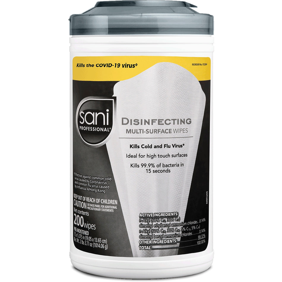 Sani Professional Disinfecting Multi-Surface Wipes - Disinfectant, Disposable - White - 200 Tub - 1 Each