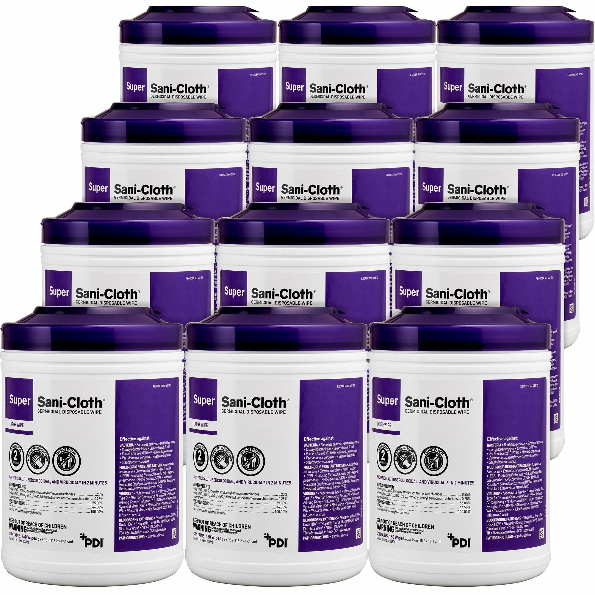 PDI Super Sani-Cloth Germicidal Disposable Wipe - 6.75" Length x 6" Width - Disposable, Disinfectant, Deodorize, Latex-free, Bleach-free, Virucidal, Fungicide, Strong, Pre-moistened, Antimicrobial - 160/Tub - 12 / Carton