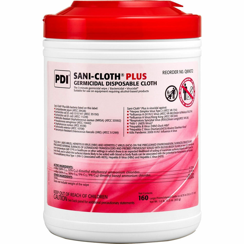 PDI Sani-Cloth Plus Germicidal Disposable Cloth - 6.75" Length x 6" Width - Disposable, Disinfectant, Deodorize, Fungicide, Virucidal, Bactericide, Latex-free, Bleach-free, Pre-moistened, Antimicrobial - White - 160/Tub - 1 Each