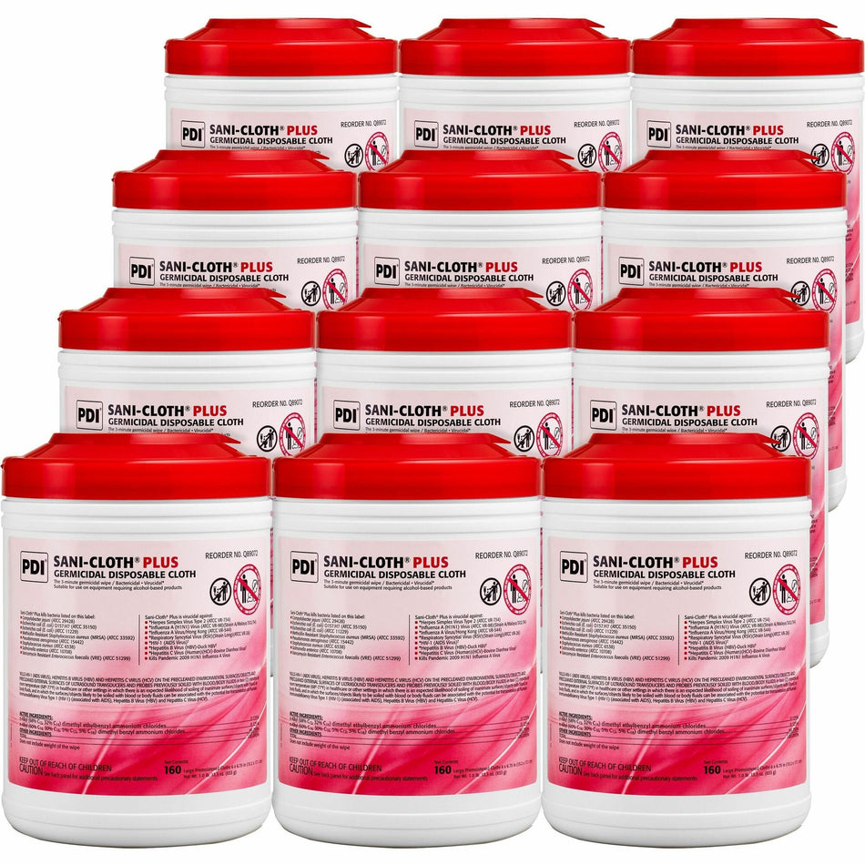 PDI Sani-Cloth Plus Germicidal Disposable Cloth - 6.75" Length x 6" Width - Disposable, Disinfectant, Deodorize, Fungicide, Virucidal, Bactericide, Latex-free, Bleach-free, Pre-moistened, Antimicrobial - White - 160/Tub - 12 / Carton