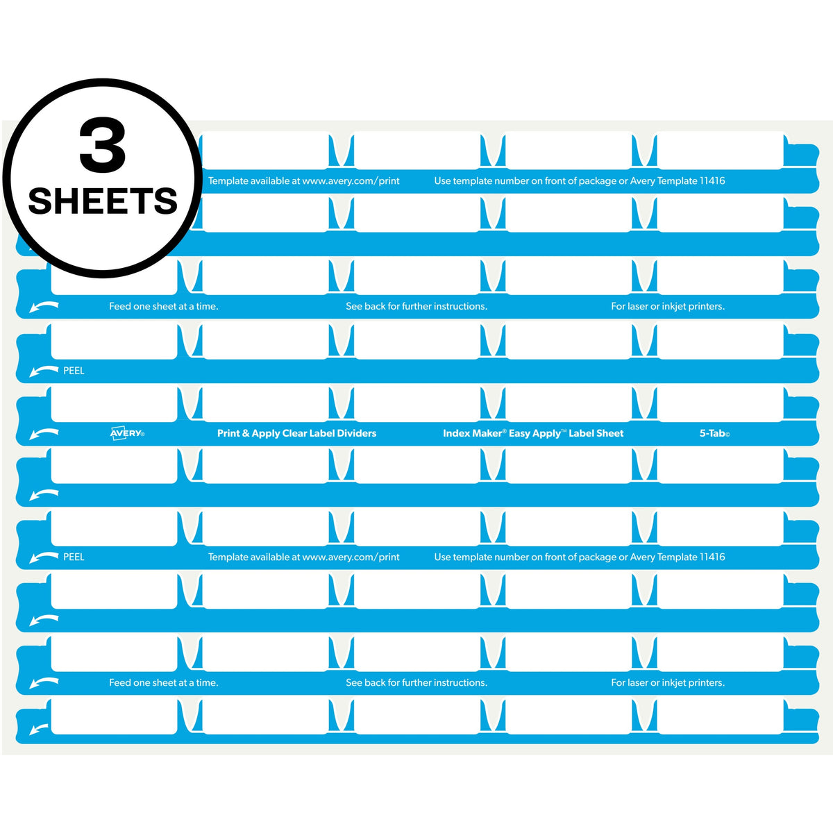 Avery®  5 Tab Easy Print & Apply Clear Label Sheet Refills (11225) - Inkjet, Laser - Clear - 30 / Sheet - 3 Total Sheets - 150 / Pack