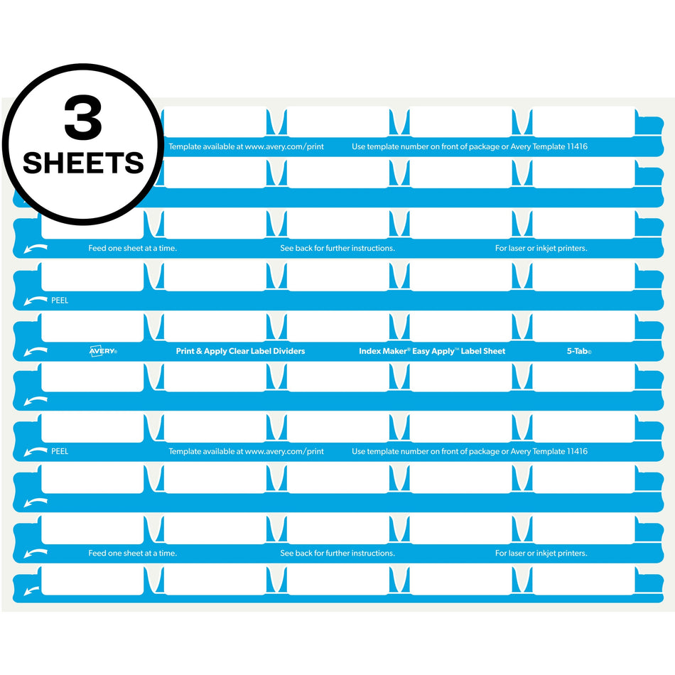 Avery®  5 Tab Easy Print & Apply Clear Label Sheet Refills (11225) - Inkjet, Laser - Clear - 30 / Sheet - 3 Total Sheets - 150 / Pack