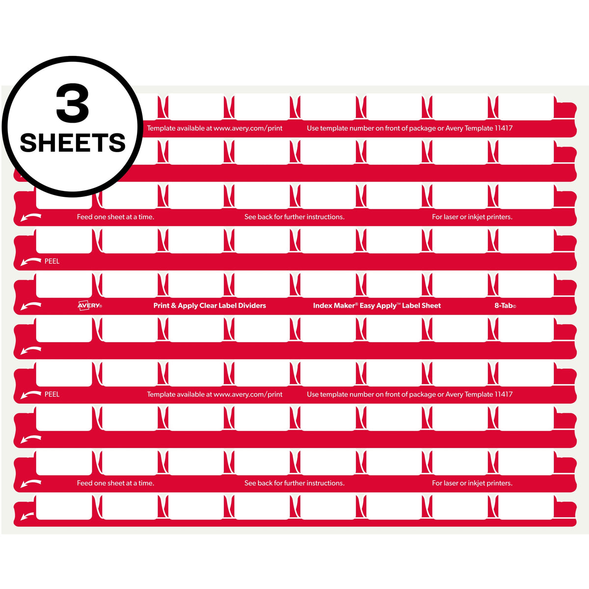 Avery®  8 Tab Easy Print & Apply Clear Label Sheet Refills (11226) - Inkjet, Laser - Clear - Plastic - 3 Total Sheets - 30/Pack - 240 / Pack