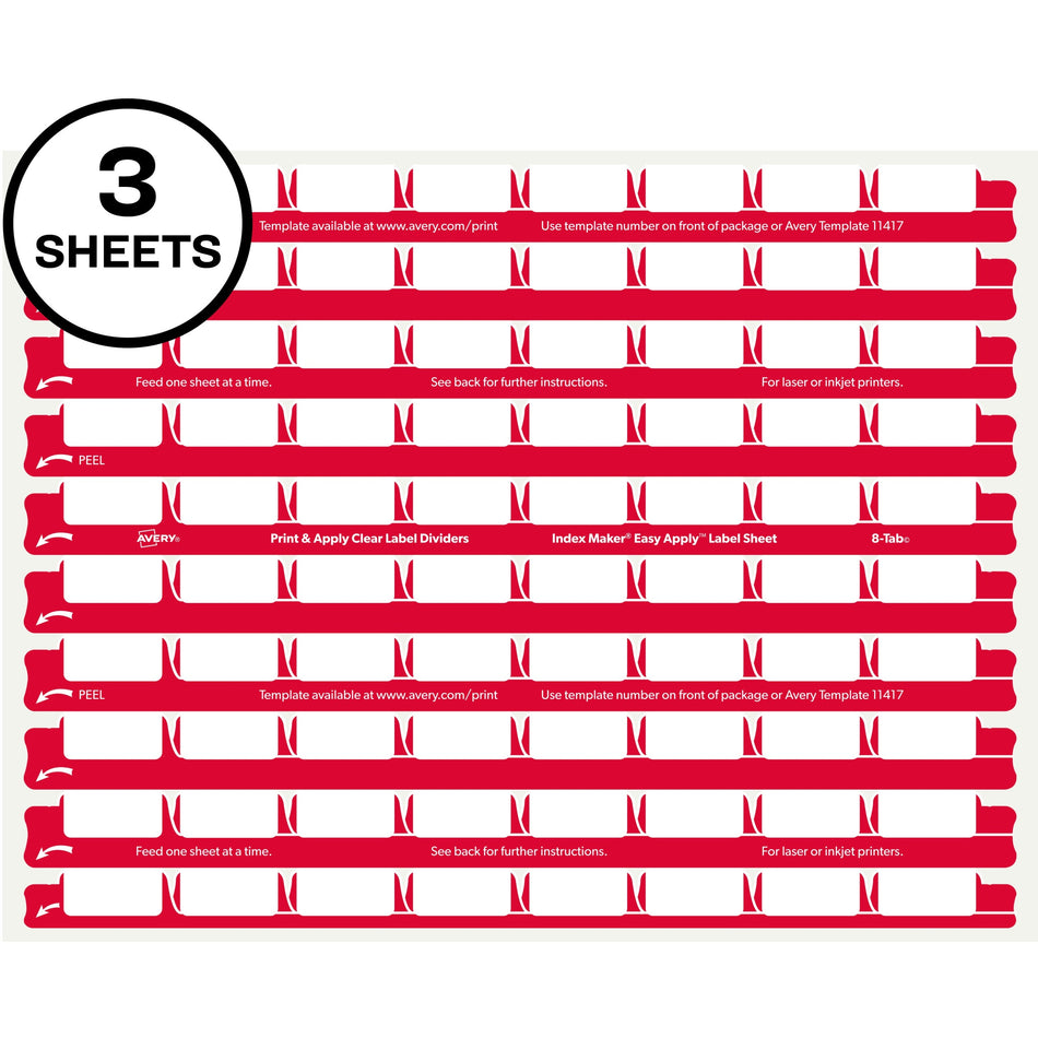 Avery®  8 Tab Easy Print & Apply Clear Label Sheet Refills (11226) - Inkjet, Laser - Clear - Plastic - 3 Total Sheets - 30/Pack - 240 / Pack