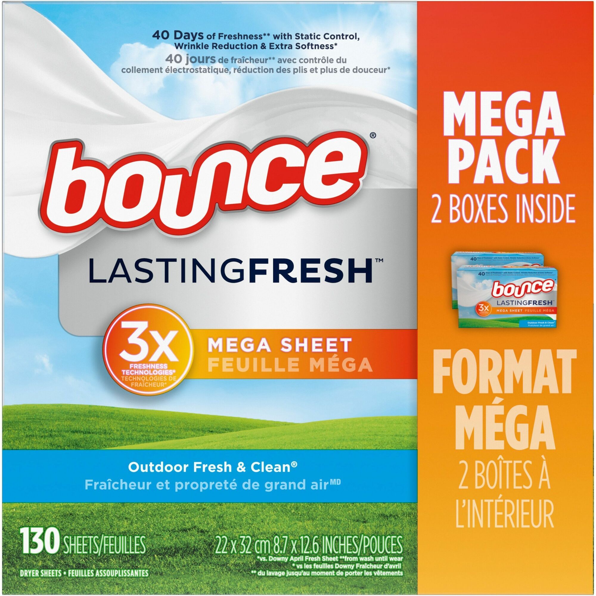 Bounce Mega Dryer Sheets - Sheet - Outdoor Fresh Scent - 65 / Box - 2 / Pack - White