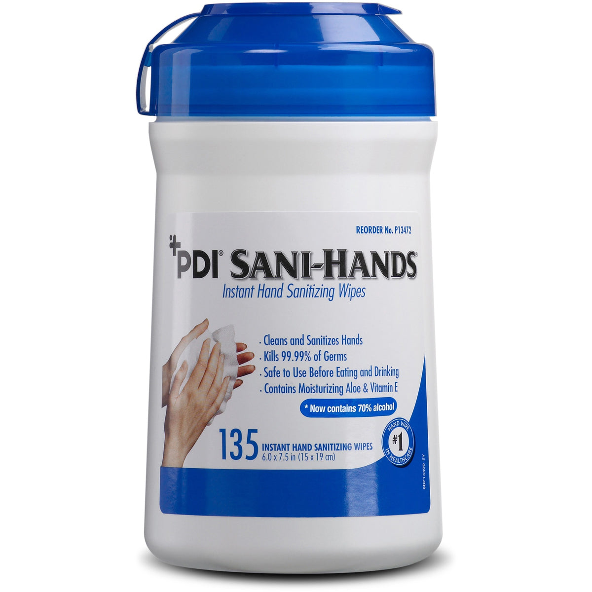PDI Sani-Hands Instant Hand Sanitizing Wipes - 6" Width x 7.50" Length - White - 135/Tub - 12 / Carton