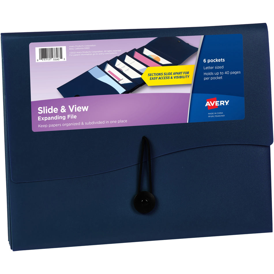 Avery®  Slide & View Letter Organizer Folder - 8 1/2" x 11" - 40 Sheets Capacity - 6 Pocket(s) - Plastic, Poly - Navy - 1 Each