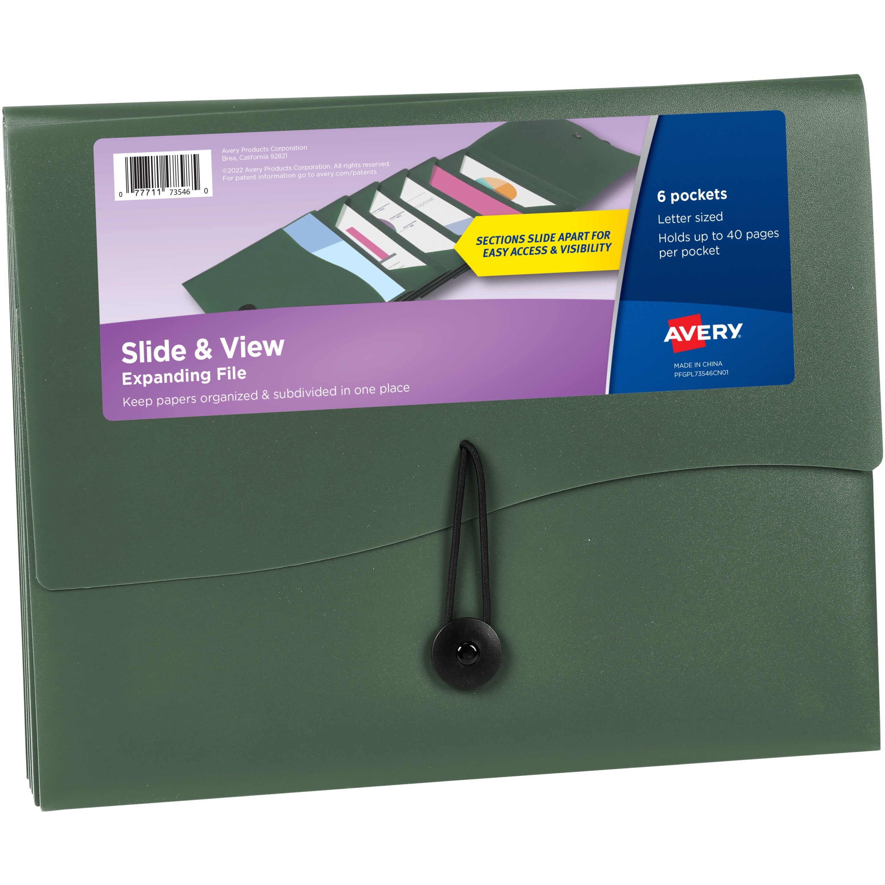 Avery®  Slide & View Letter Organizer Folder - 8 1/2" x 11" - 40 Sheets Capacity - 6 Pocket(s) - Plastic, Poly, Polypropylene - Sage - 1 Each