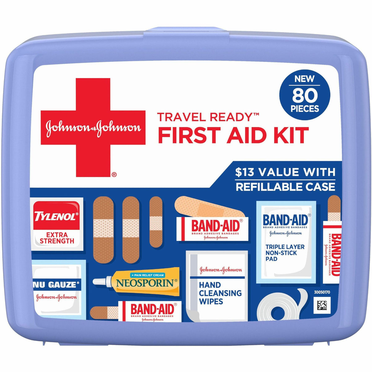 Johnson & Johnson Travel Ready First Aid Kit - 80 x Piece(s) - 5.5" Height x 6.3" Width x 1.7" Depth - Plastic Case - Blue - 1 Each