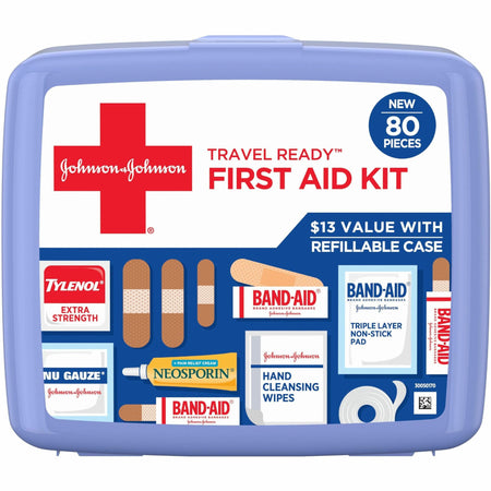 Johnson & Johnson Travel Ready First Aid Kit - 80 x Piece(s) - 5.5" Height x 6.3" Width x 1.7" Depth - Plastic Case - Blue - 1 Each