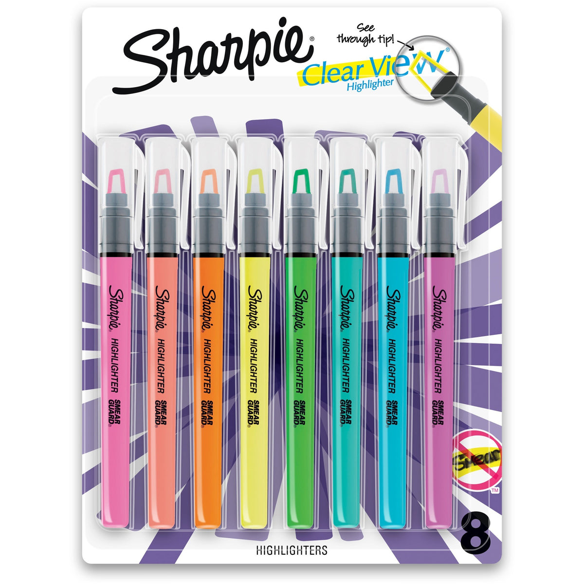 Sharpie Clear View Highlighter - Fine Chisel Marker Point - Yellow, Pink, Orange, Coral, Blue, Purple, Fluorescent Green Ink - 8 / Pack