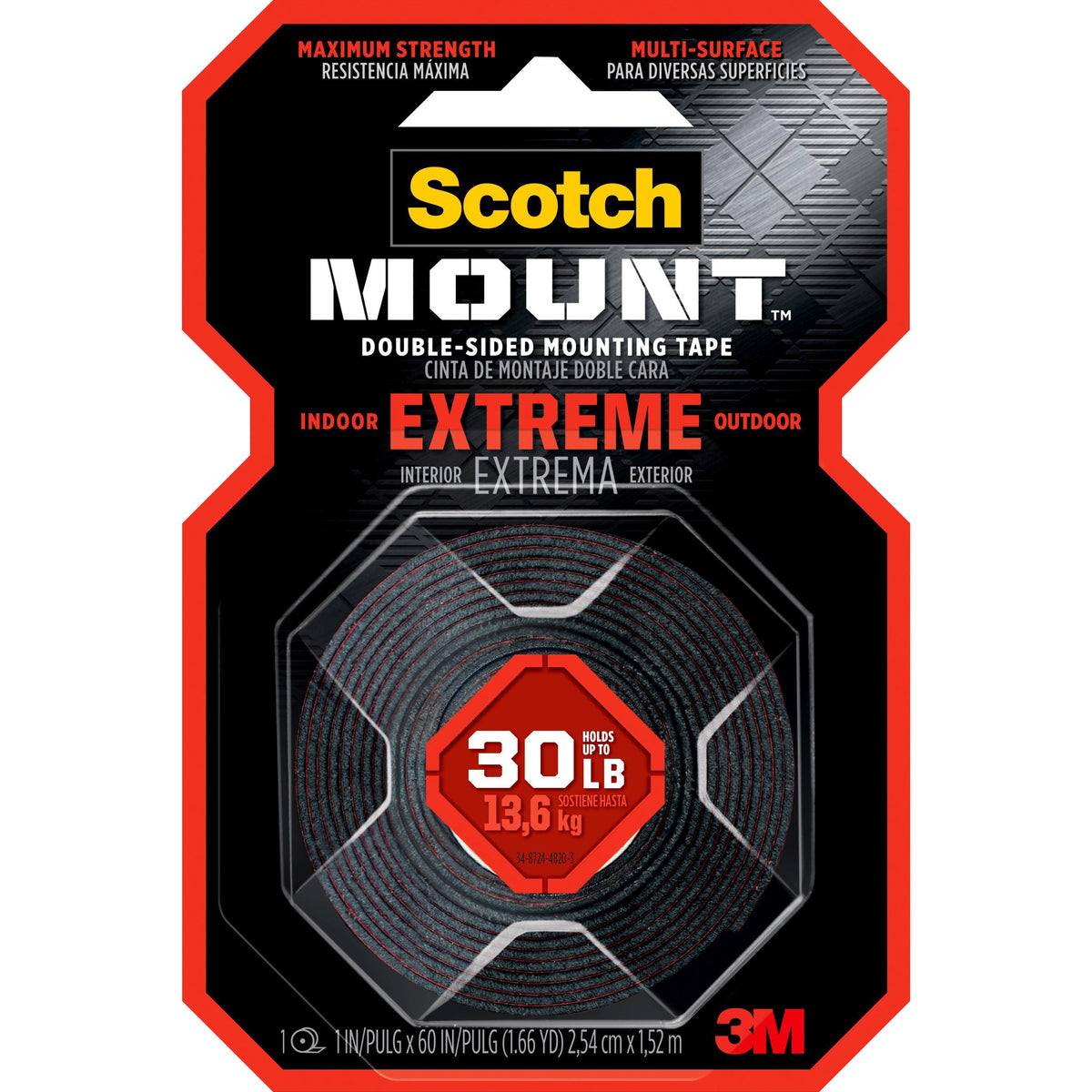 Scotch-Mount Extreme Double-Sided Mounting Tape - 5 ft Length x 1" Width - Black - 1 Roll