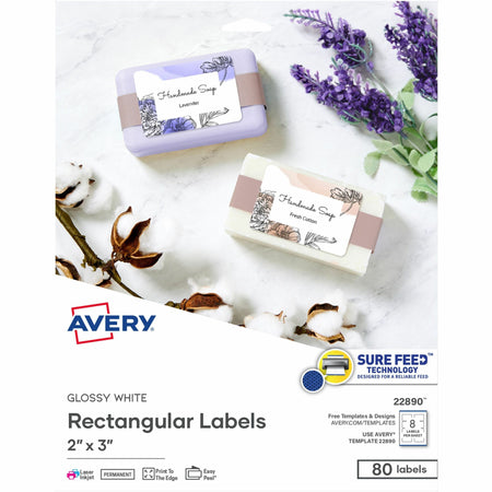 Avery®  Glossy White Labels, 2" x 3" , 80 Labels (22890) - 2" Height x 3" Width - Permanent Adhesive - Rectangle - Gloss White - Jam-free, Stick & Stay, Smudge Proof, Foldable - 8 / Sheet - 80 / Pack