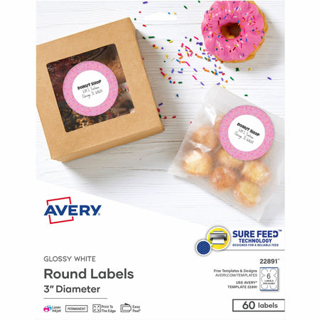 Avery®  Glossy White Labels, 3" Round, 60 Labels (22891) - 3" Diameter - Permanent Adhesive - Round - Gloss White - Jam-free, Stick & Stay, Smudge Proof, Foldable - 6 / Sheet - 60 / Pack