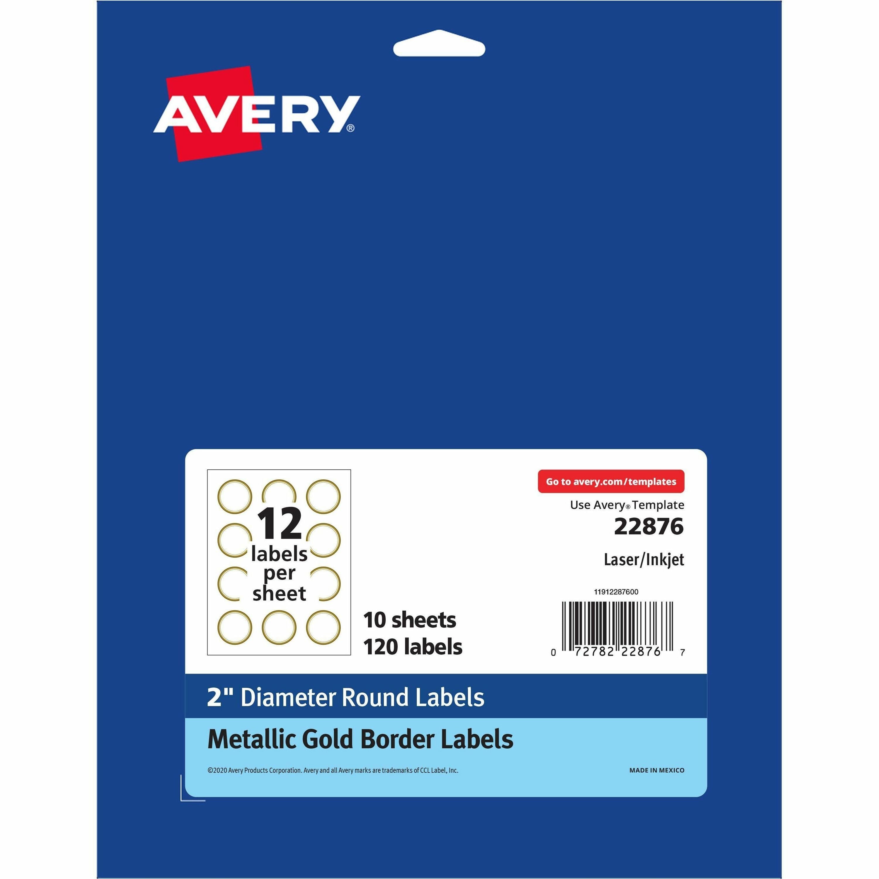 Avery®  Easy Peel Round Labels - 2" Diameter - Permanent Adhesive - Round - Inkjet, Laser - White, Metallic Gold - Paper - Peel-off, Curl Resistant, Stick & Stay, Pop Up Edge, Tear Proof - 12 / Sheet - 120 / Pack