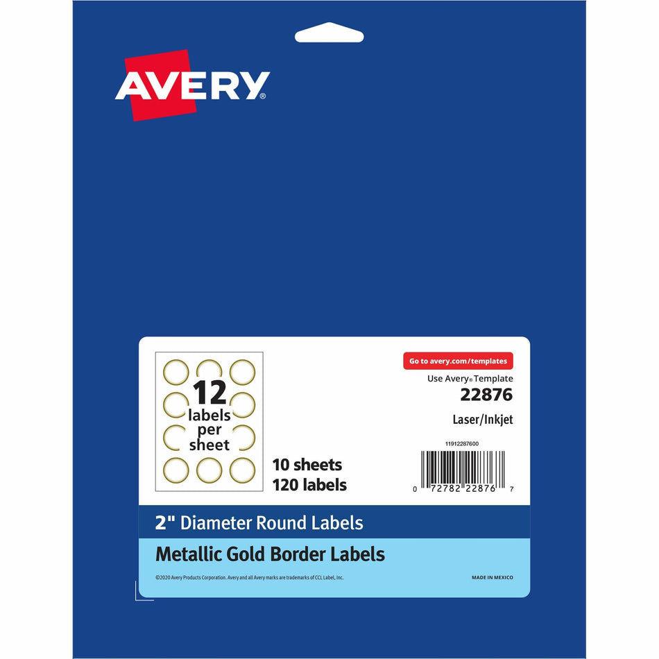 Avery®  Easy Peel Round Labels - 2" Diameter - Permanent Adhesive - Round - Inkjet, Laser - White, Metallic Gold - Paper - Peel-off, Curl Resistant, Stick & Stay, Pop Up Edge, Tear Proof - 12 / Sheet - 120 / Pack
