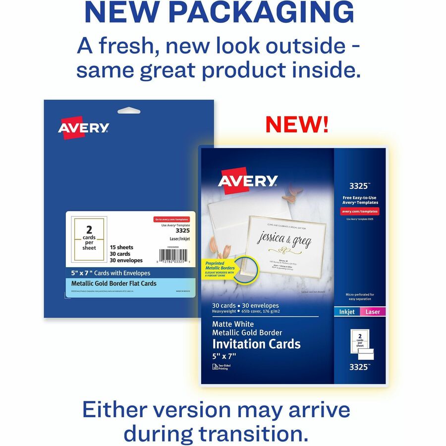 Avery®  Invitation Cards with Metallic Gold Borders - 5" Width x 7" Length - Rectangle - Inkjet, Laser - Matte - White - Gold Border - Paper - Chlorine-free, Perforated, PVC-free - 15 / Sheet - 2 Total Sheets - 30 / Pack