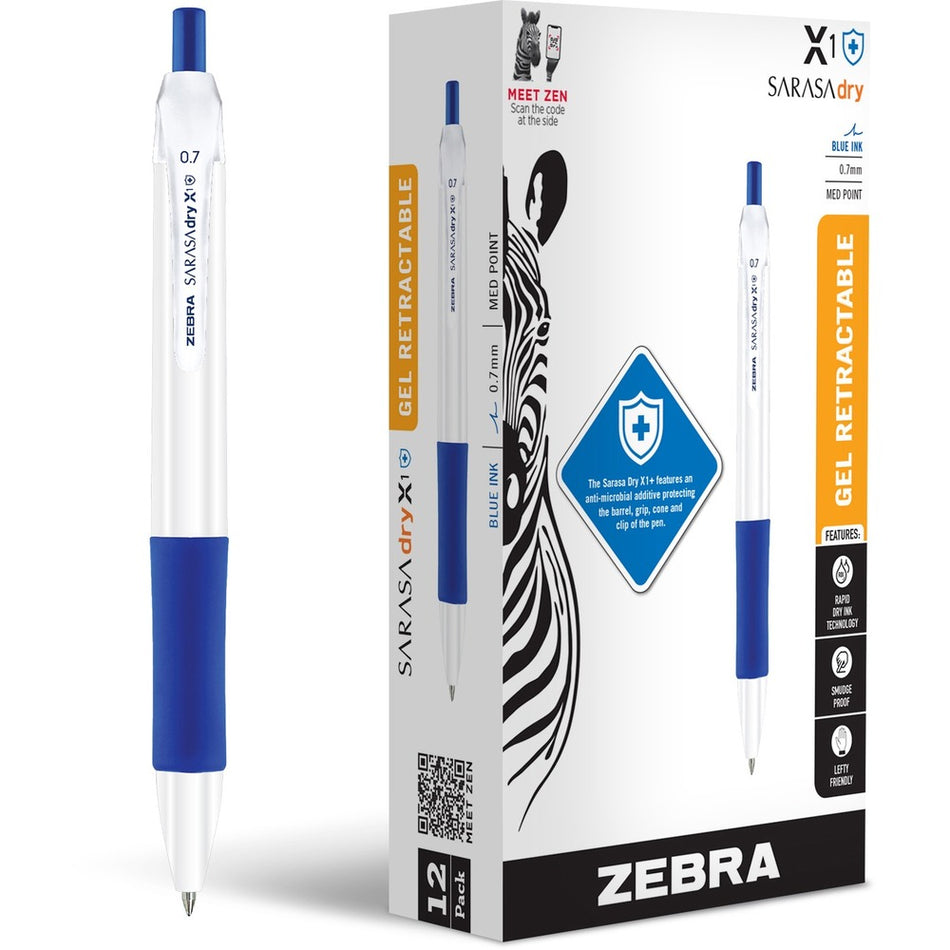 Zebra Pen SARASA dry X1+ Gel Pen - 0.7 mm Medium Pen Point - Refillable - Retractable - Blue Ink - Plastic Barrel - 1 Dozen