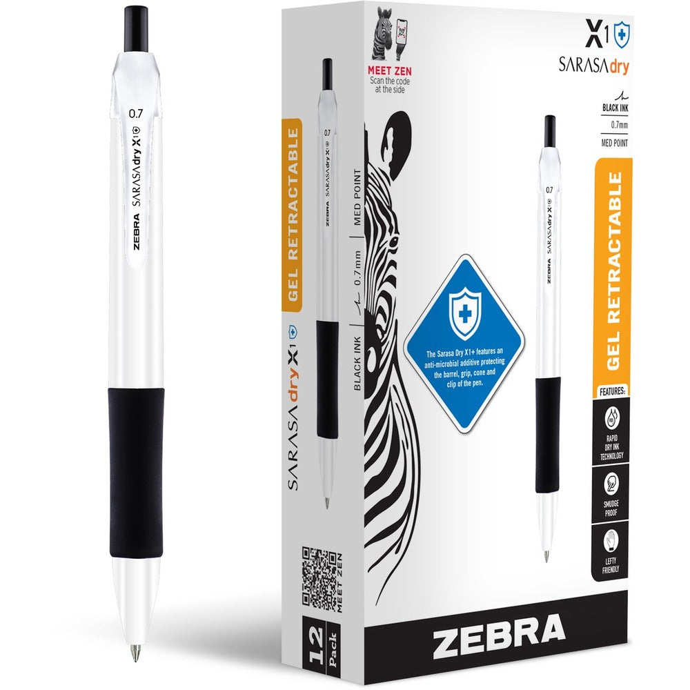 Zebra Pen SARASA dry X1+ Gel Pen - 0.7 mm Medium Pen Point - Refillable - Retractable - Black Ink - Plastic Barrel - 1 Dozen