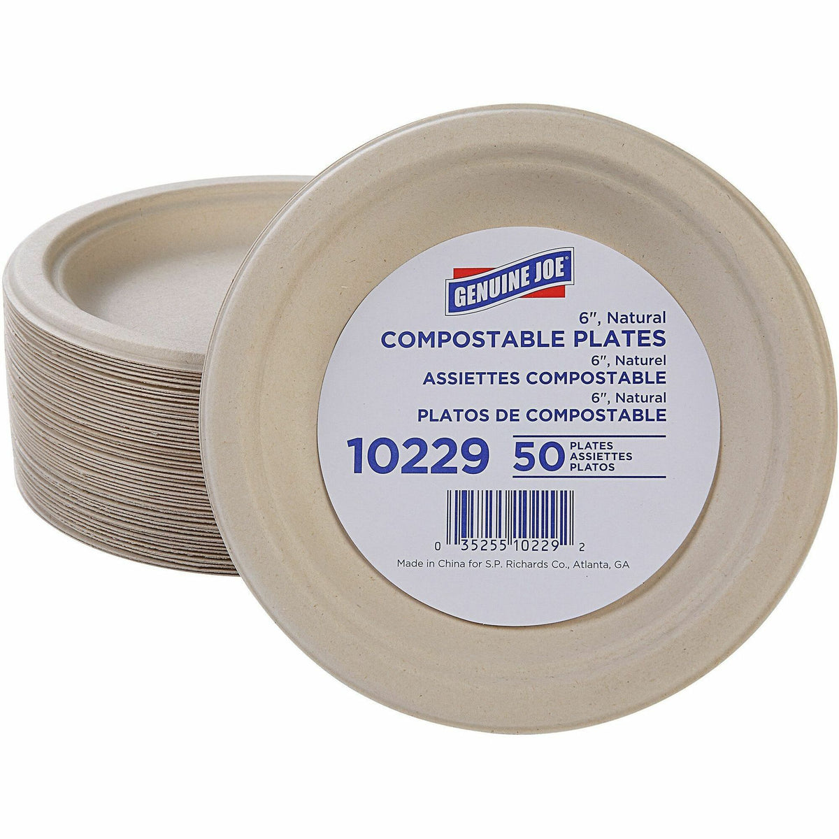 Genuine Joe 6" Compostable Plates - Breakroom, Office - Disposable - 6" Diameter - White, Natural - Sugarcane Body - 50 / Pack