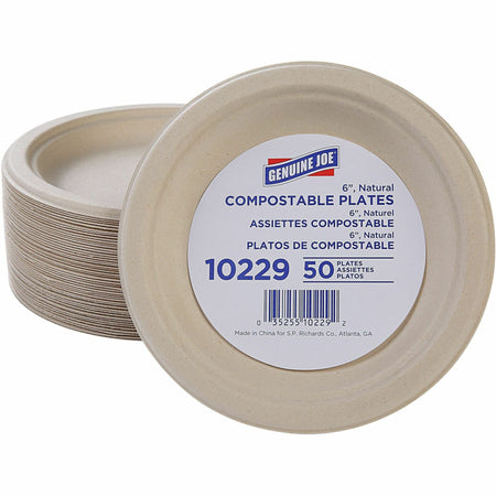 Genuine Joe 6" Compostable Plates - Breakroom, Office - Disposable - 6" Diameter - White, Natural - Sugarcane Body - 50 / Pack