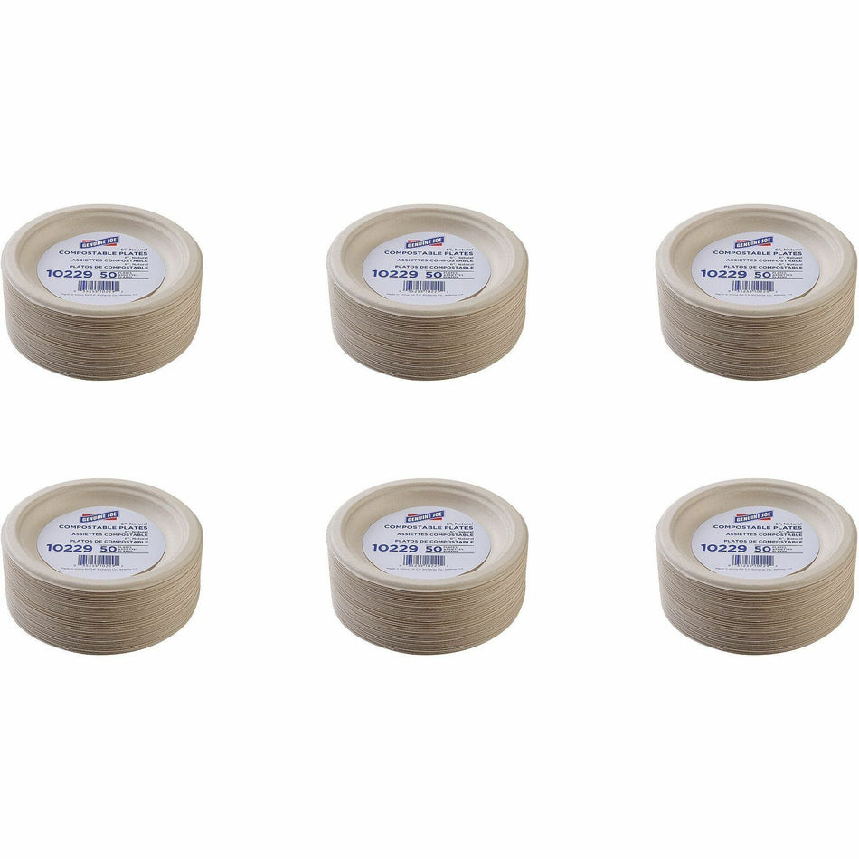 Genuine Joe 6" Compostable Plates - Breakroom, Office - Disposable - 6" Diameter - White, Natural - Sugarcane Body - 50/Pack - 20 / Carton