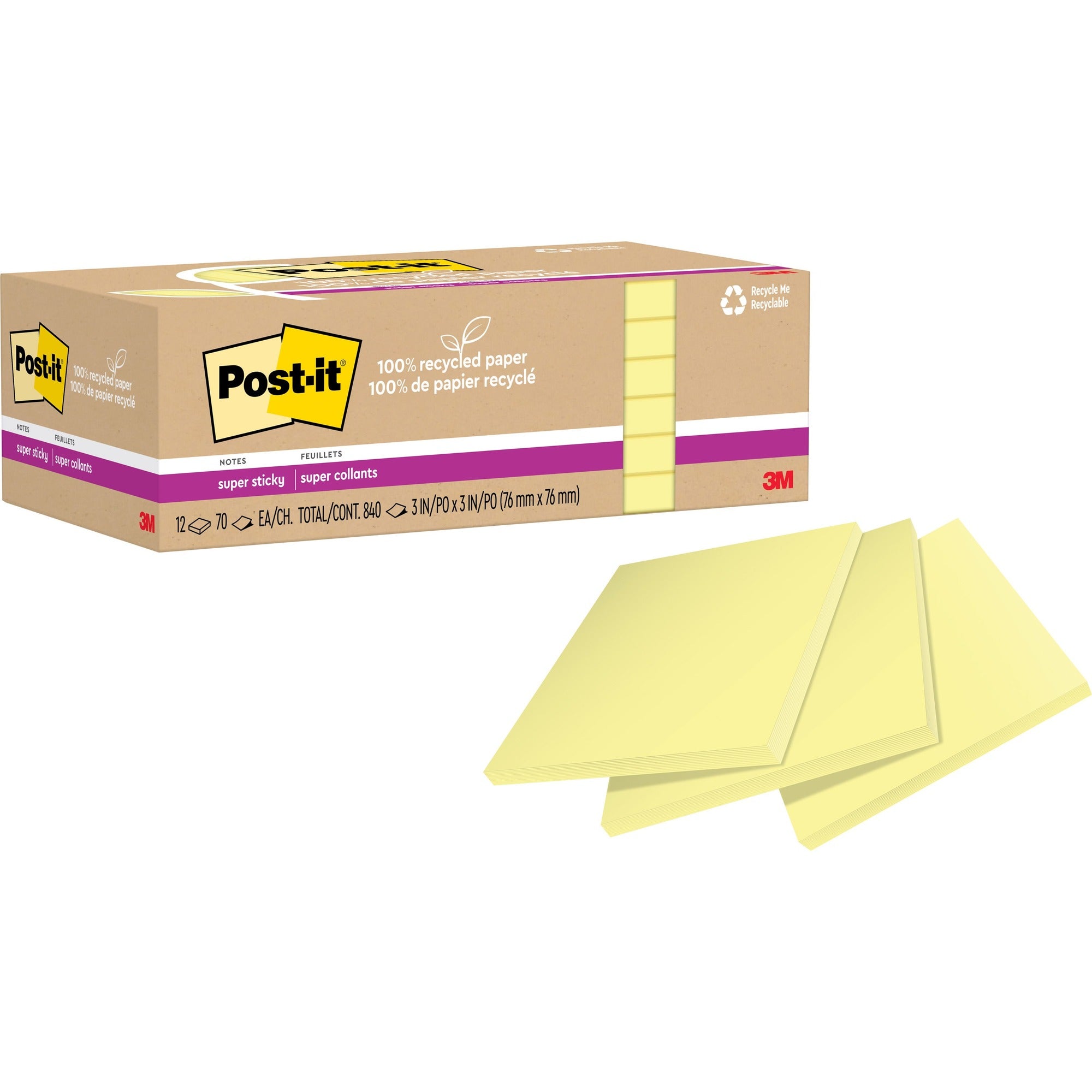 Post-it® Recycled Super Sticky Notes - 70 - 3" Flag/Note Width x 3" Flag/Note Length - Square - 70 Sheets per Pad - Canary Yellow - Adhesive - Recycled - 12 / Pack