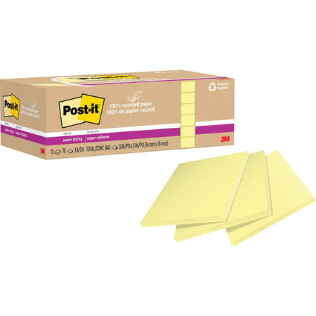 Post-it® Recycled Super Sticky Notes - 70 - 3" Flag/Note Width x 3" Flag/Note Length - Square - 70 Sheets per Pad - Canary Yellow - Adhesive - Recycled - 12 / Pack