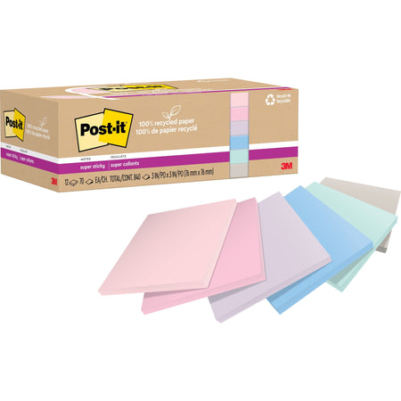 Post-it® Recycled Super Sticky Notes - 70 - 3" Flag/Note Width x 3" Flag/Note Length - Square - 70 Sheets per Pad - Wanderlust Pastels - Adhesive - Recycled - 12 / Pack