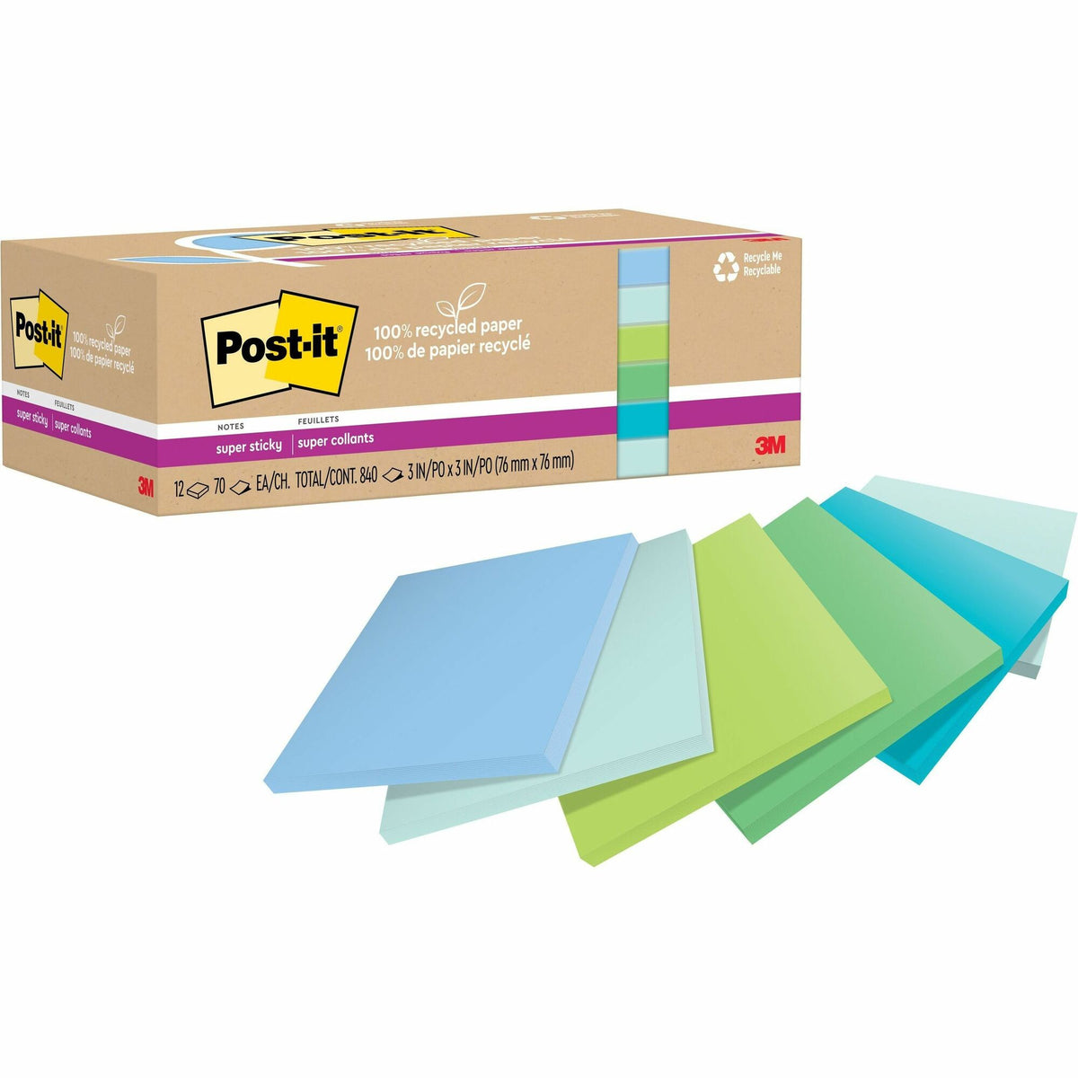 Post-it® Recycled Super Sticky Notes - 70 - 3" Flag/Note Width x 3" Flag/Note Length - Square - 70 Sheets per Pad - Assorted Oasis - Adhesive - Recycled - 12 / Pack