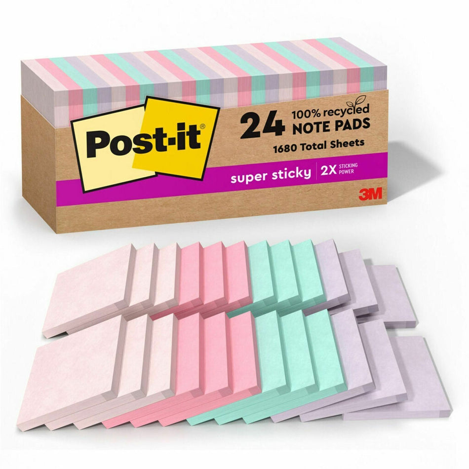 Post-it® Recycled Super Sticky Notes - 70 - 3" Flag/Note Width x 3" Flag/Note Length - Square - 70 Sheets per Pad - Wanderlust Pastels - Adhesive - Recycled - 24 / Pack