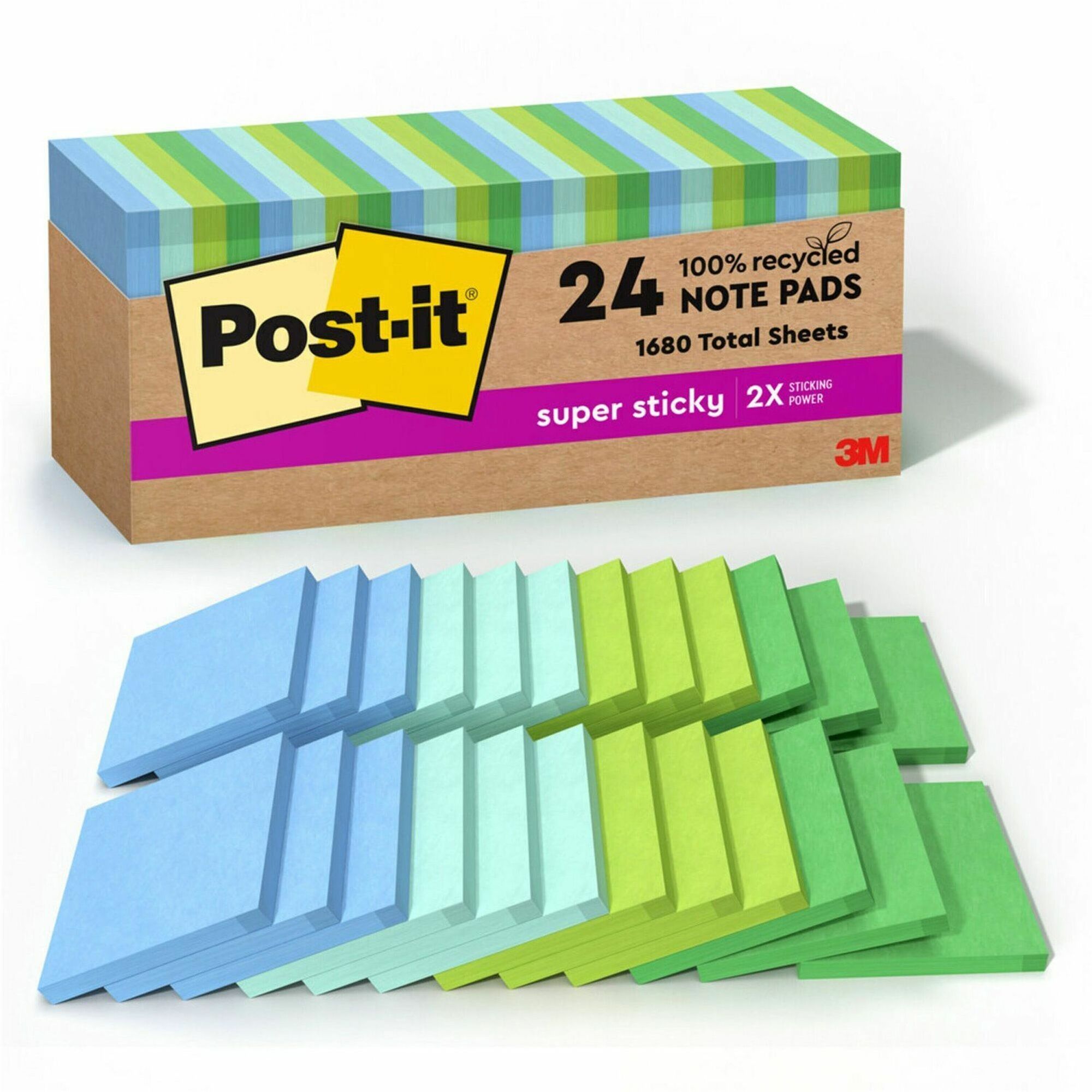 Post-it® Recycled Super Sticky Notes - 70 - 3" Flag/Note Width x 3" Flag/Note Length - Square - 70 Sheets per Pad - Unruled - Assorted Oasis - Paper - Adhesive - Recycled - 24 / Pack