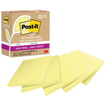 Post-it® Recycled Super Sticky Notes - 70 - 3" Flag/Note Width x 3" Flag/Note Length - Square - 70 Sheets per Pad - Canary Yellow - Adhesive - Recycled - 5 / Pack