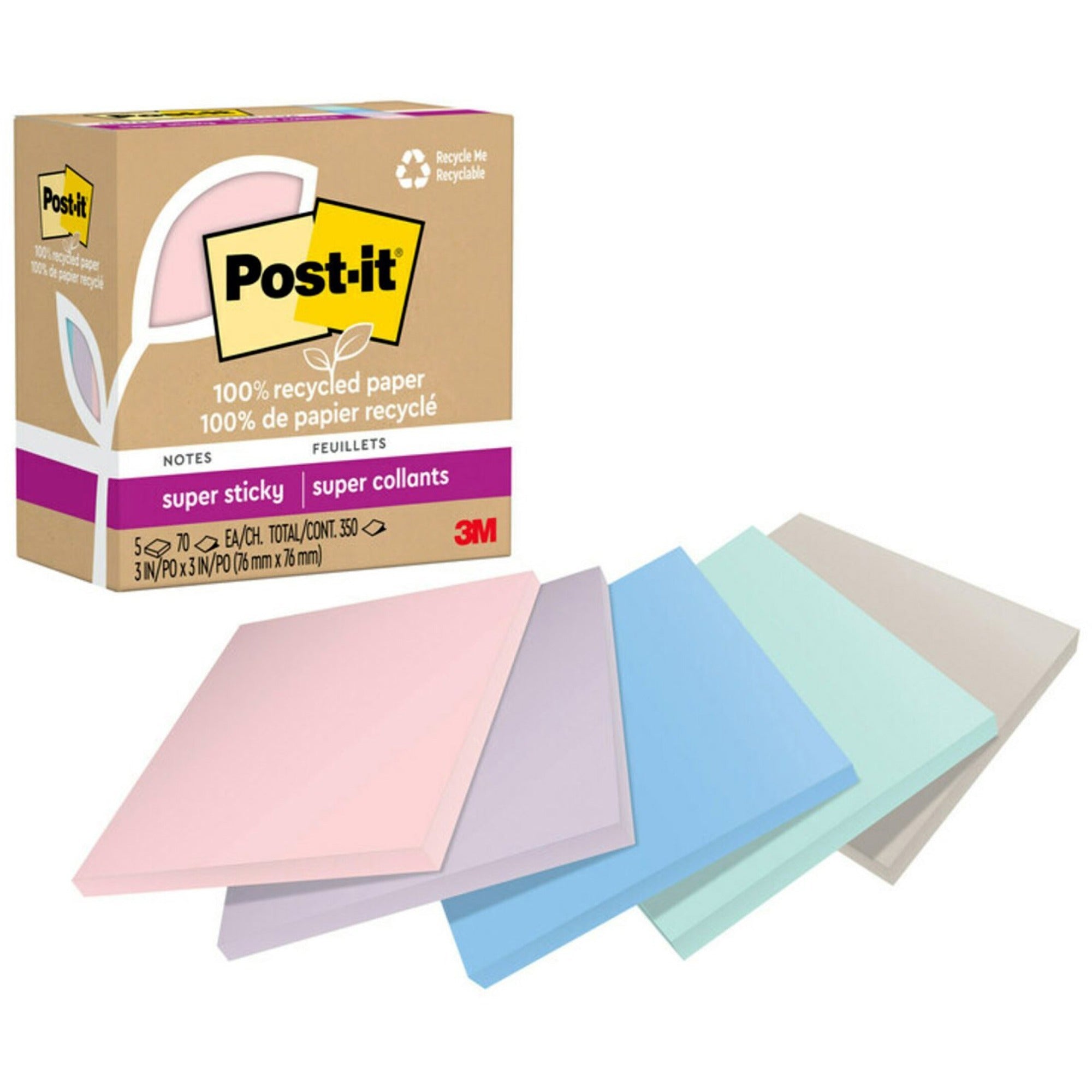 Post-it® Recycled Super Sticky Notes - 70 - 3" Flag/Note Width x 3" Flag/Note Length - Square - 70 Sheets per Pad - Wanderlust Pastels - Adhesive - Recycled - 5 / Pack