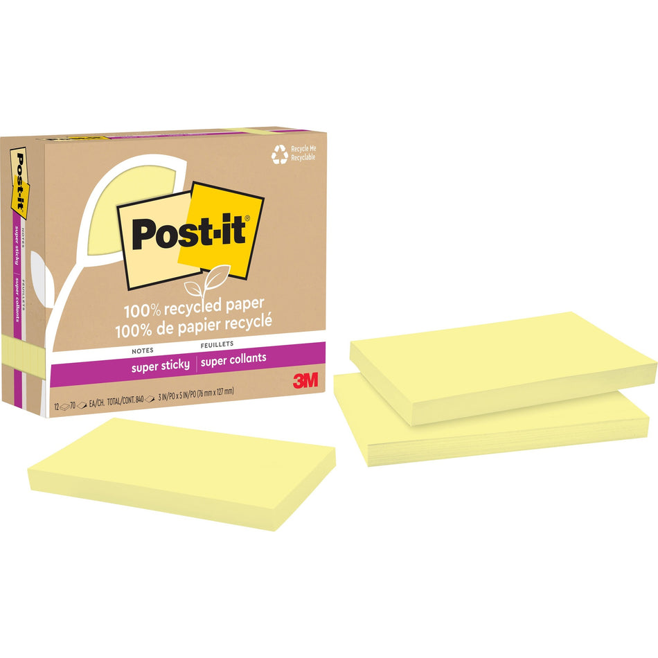 Post-it® Recycled Super Sticky Notes - 90 - 3" Flag/Note Width x 5" Flag/Note Length - Rectangle - 90 Sheets per Pad - Canary Yellow - Adhesive - Recycled - 12 / Pack